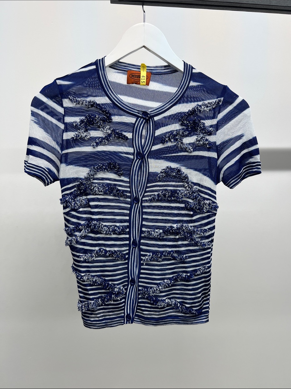 Missoni Blue and White Striped Short Sleeve Knit Top